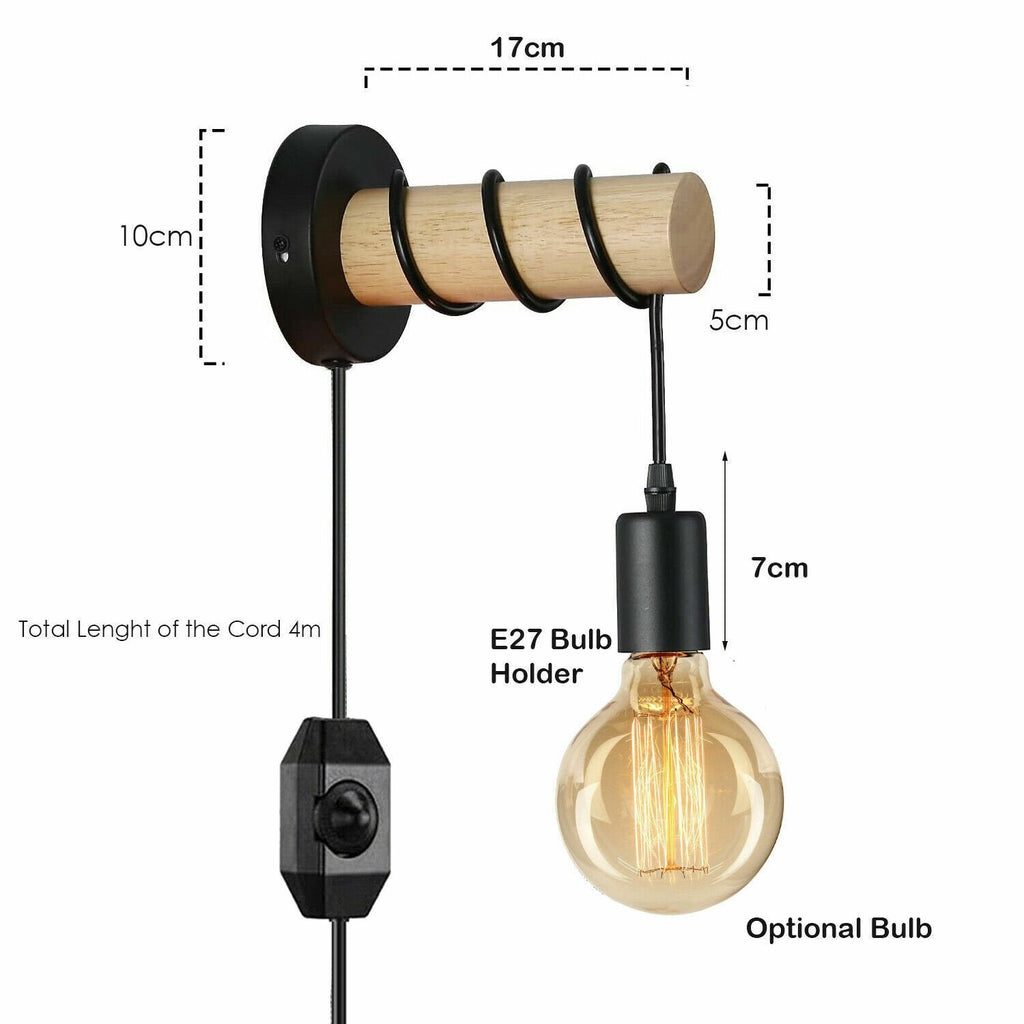 4m Modern Wall Light Industrial Plug in Wood Wall Lamp Fixture ~ 6031-1