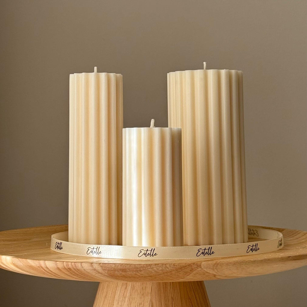 Hand Poured Soy Ribbed Pillar Candle Trio: Sculptural Art-0