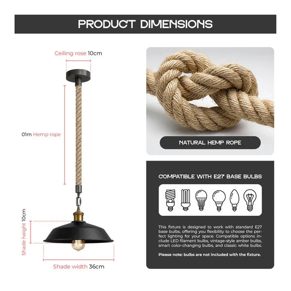 36cm Metal 1M Hemp Light E27 Dimmable Easy Fit ~6787-1