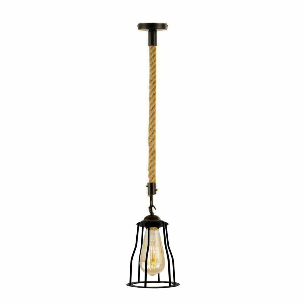 Vintgae E27 Industrial Pendant Retro Cage Edison Hemp Rope Ceiling Light Fixture~2026-7
