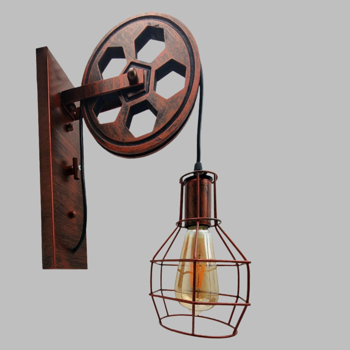 Industrial Wall Light E27 – Adjustable Pulley Vintage Cage Lamp~5300-5