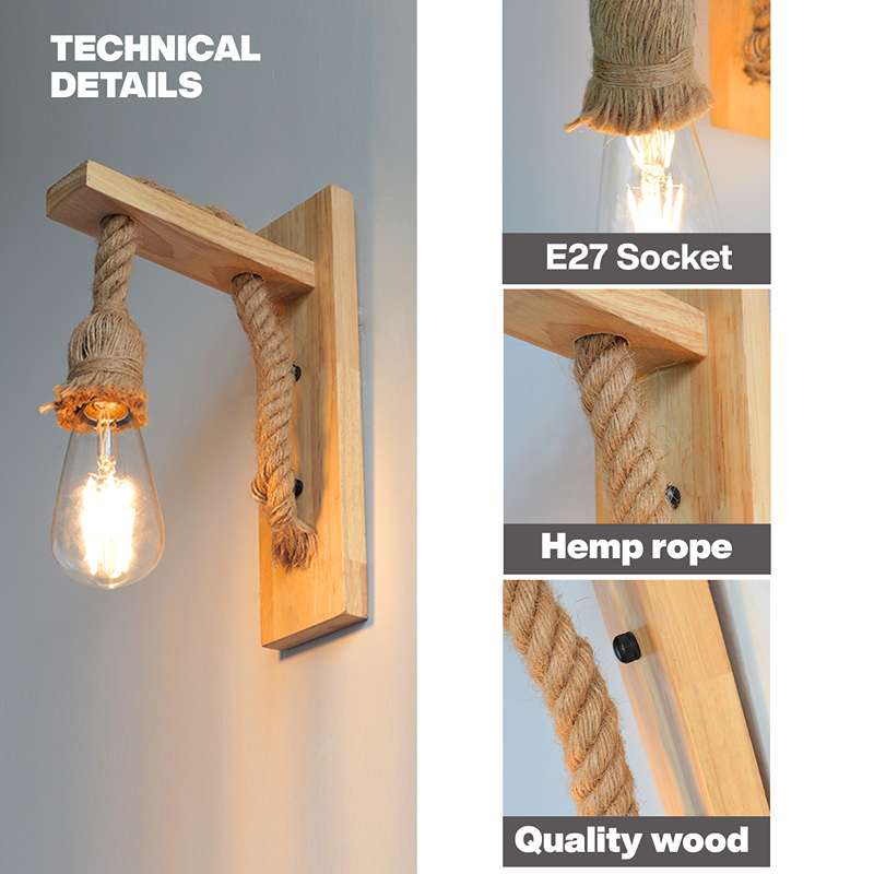 E27 Wooden Rope Wall Lamp Indoor Lighting ~4568-3