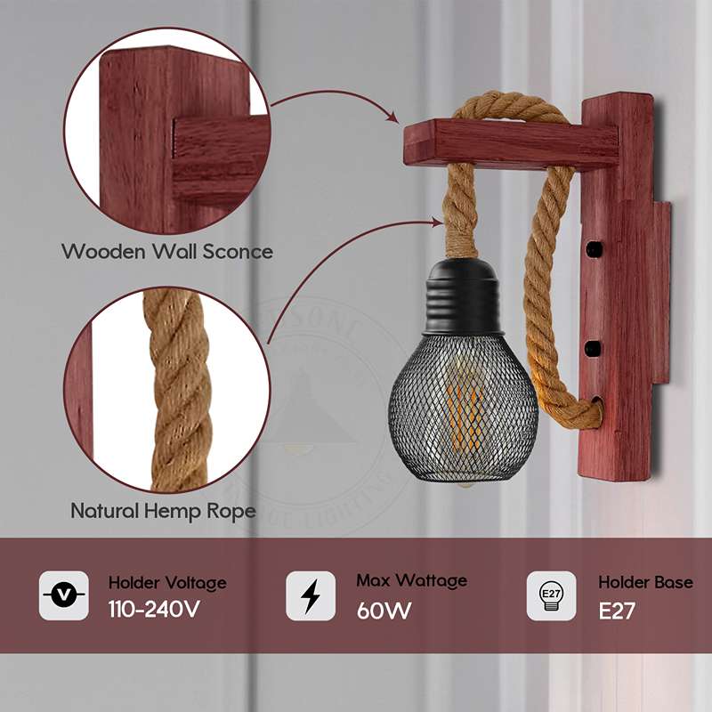 Rope Wall Lights Rustic Vintage Wooden Wall Lamps ~4571-3
