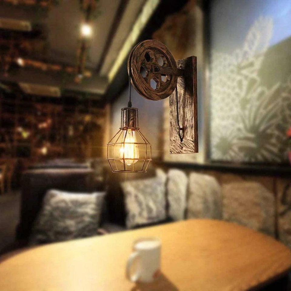 Industrial Wall Light E27 – Adjustable Pulley Vintage Cage Lamp~5300-2