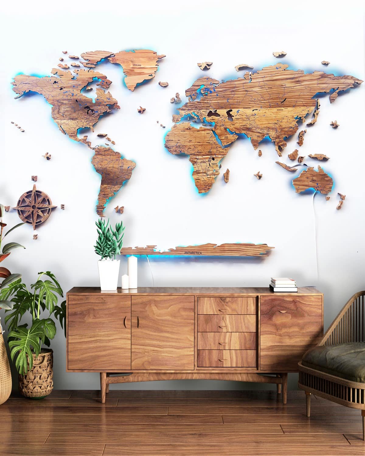 World map illuminated from solid oak-0
