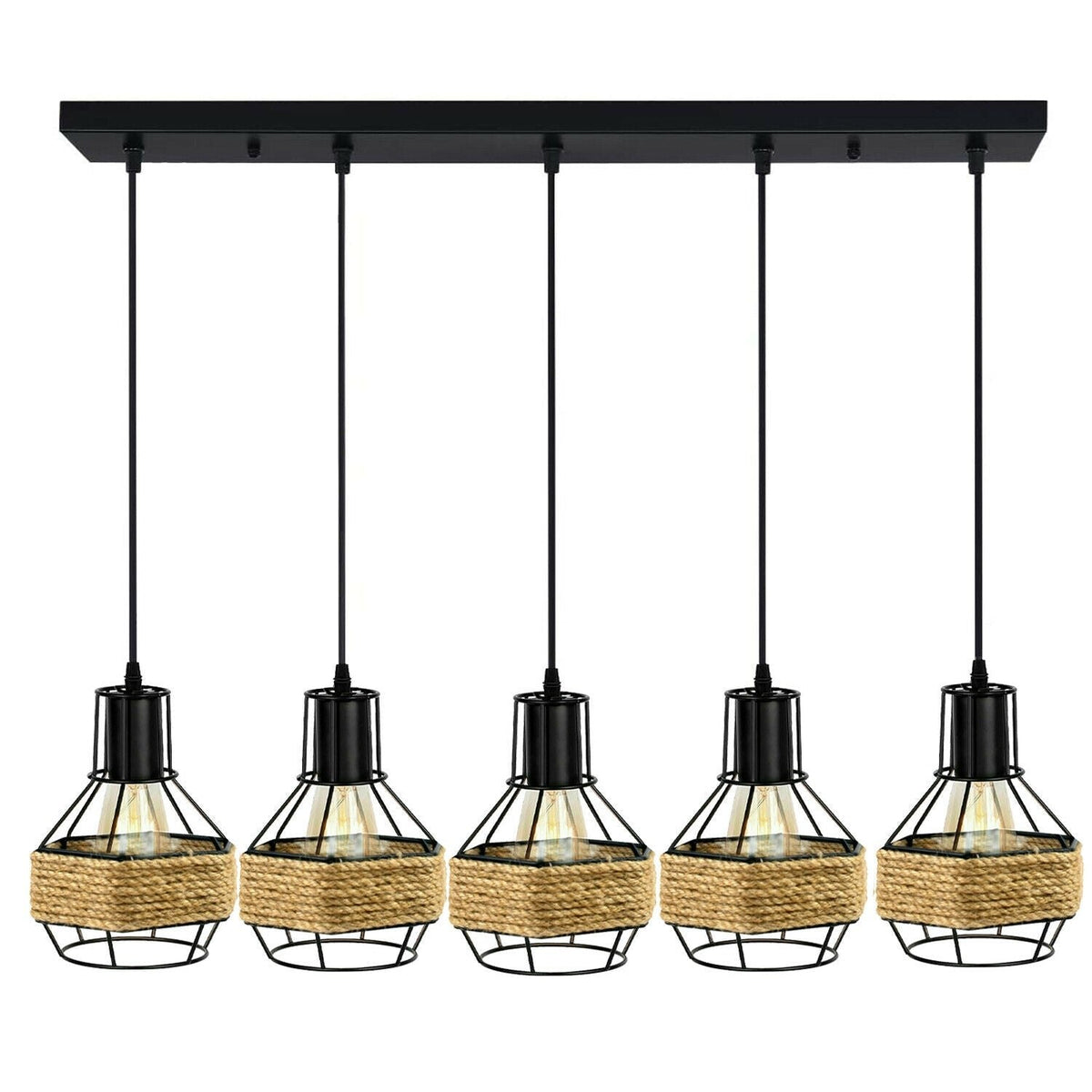 Industrial Hemp Rope Chandelier 5 Head Metal Ceiling Pendant Light~1633-4