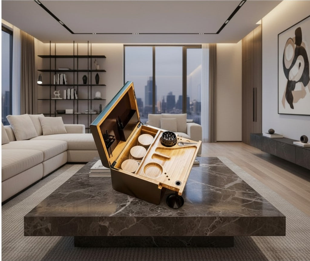 NovaPulse bamboo storage chest with removable tray on a marble table in a modern living room