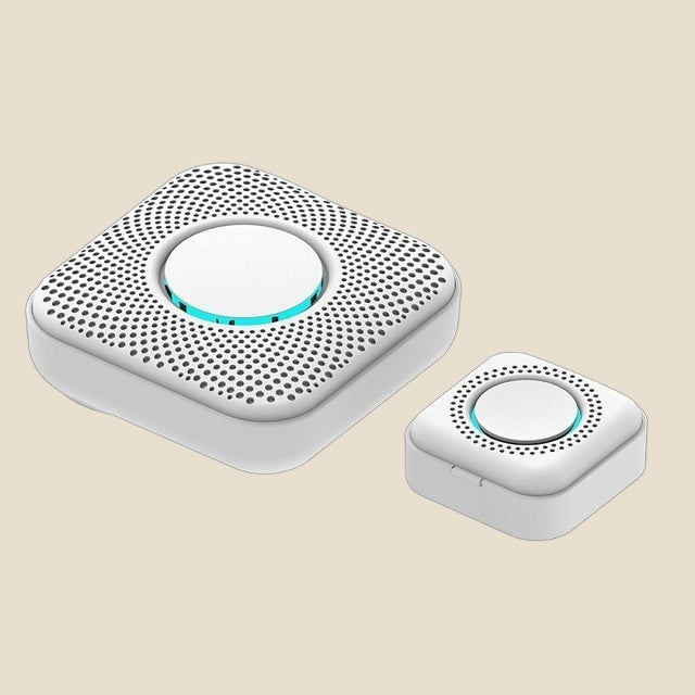 NovaPulse PulseChime wireless doorbell receiver with white speaker and blue-backlit button