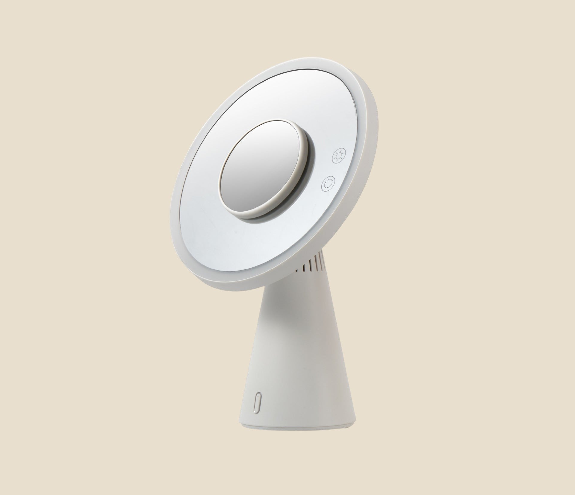 Białe lusterko do makijażu NovaPulse z oświetleniem LED i wbudowanym głośnikiem Bluetooth na podstawce