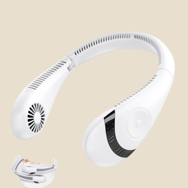Biały wentylator na szyję NovaPulse NeckBreeze Plus z wyświetlaczem cyfrowym i bezłopatkową konstrukcją