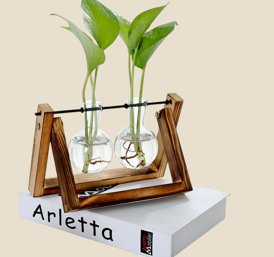 NovaPulse NovaShelf Glass wooden stand with two glass plant vessels on a white book