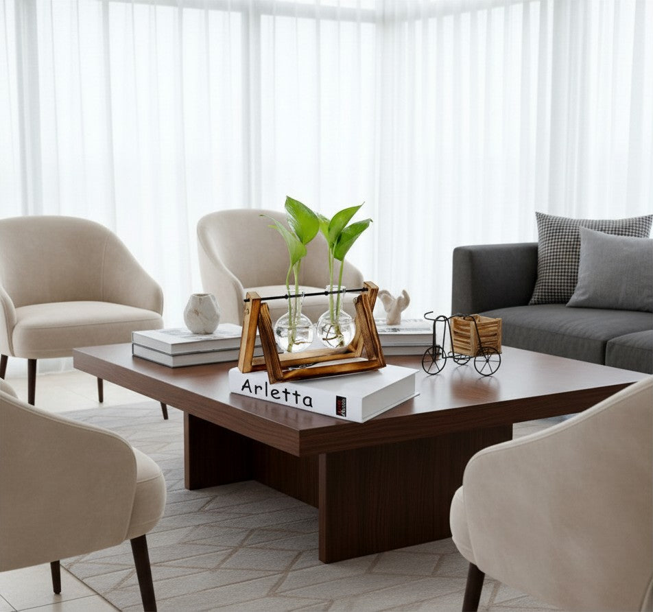 NovaPulse NovaShelf Glass wooden shelf with borosilicate glass plant vases on a coffee table