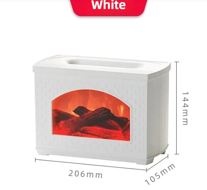 Nawilżacz powietrza NovaPulse FlameMist Open w kolorze białym z realistycznym efektem płomienia i podświetlanymi polanami