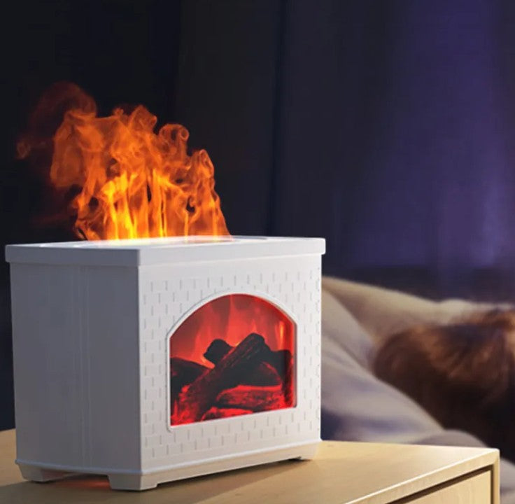 Nawilżacz powietrza NovaPulse FlameMist Open w kolorze białym z realistycznym efektem płomienia i podświetlanym paleniskiem