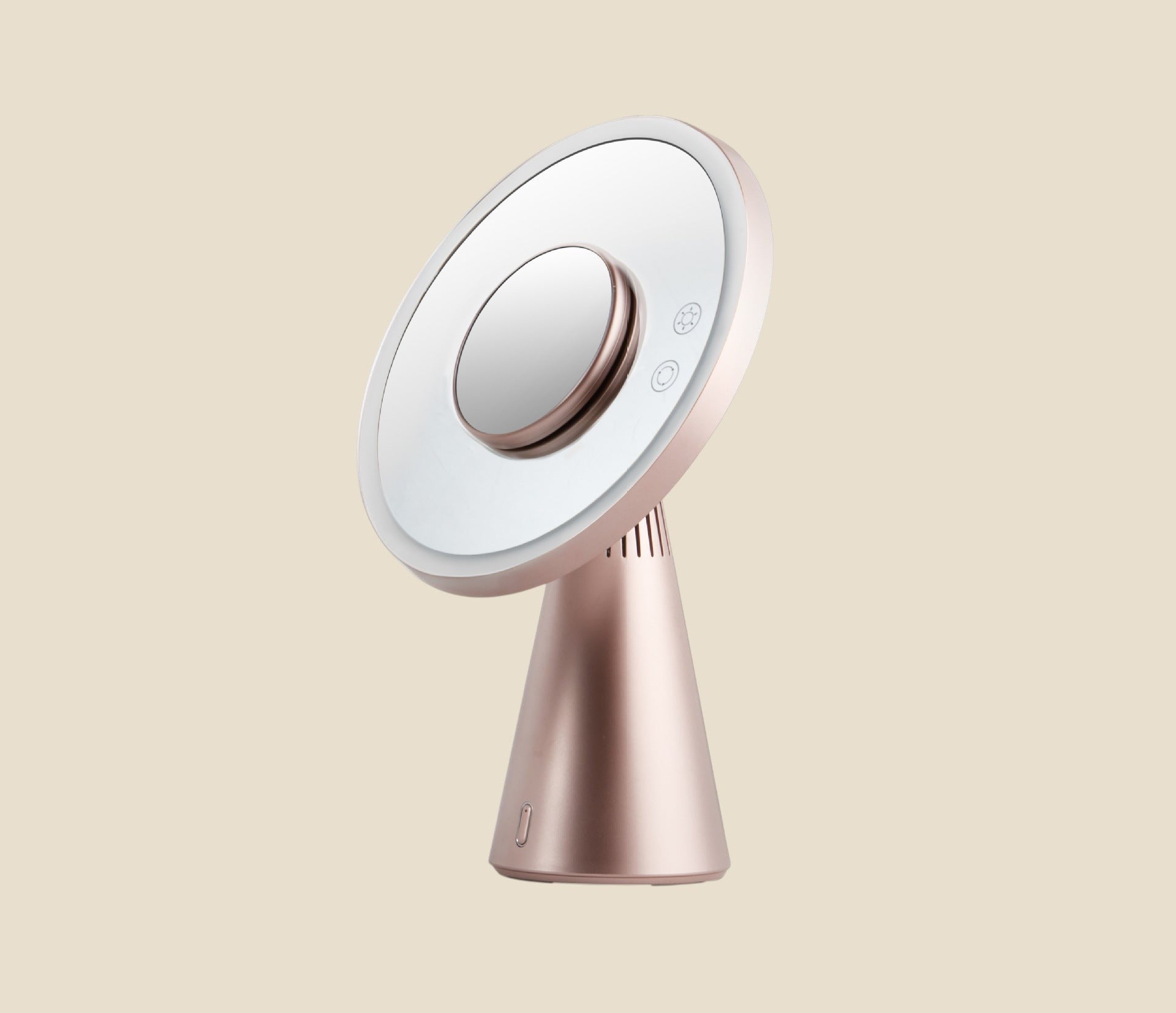 NovaPulse GlowMirror w kolorze różowego złota z oświetleniem LED i wbudowanym głośnikiem Bluetooth na toaletkę