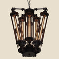 NovaPulse eight-arm industrial chandelier in black iron with upright LED bulbs