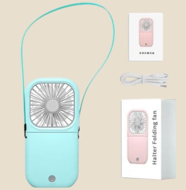 Light blue NovaPulse neck fan with strap, USB cable and packaging