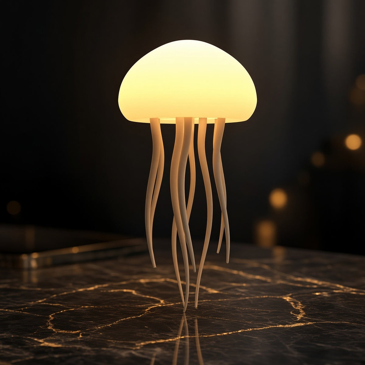 NovaPulse JellyGlow jellyfish-shaped LED lamp with a soft glow and dangling tentacles on a dark surface