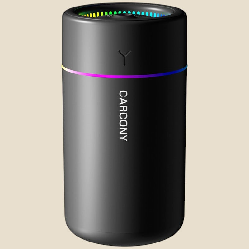 Kompaktowy nawilżacz biurkowy NovaPulse FocusMist w kolorze czarnym z podświetleniem LED RGB i zasilaniem USB