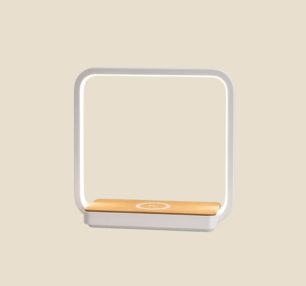 NovaPulse LED lamp with a square frame, wooden base and built-in Qi wireless charger