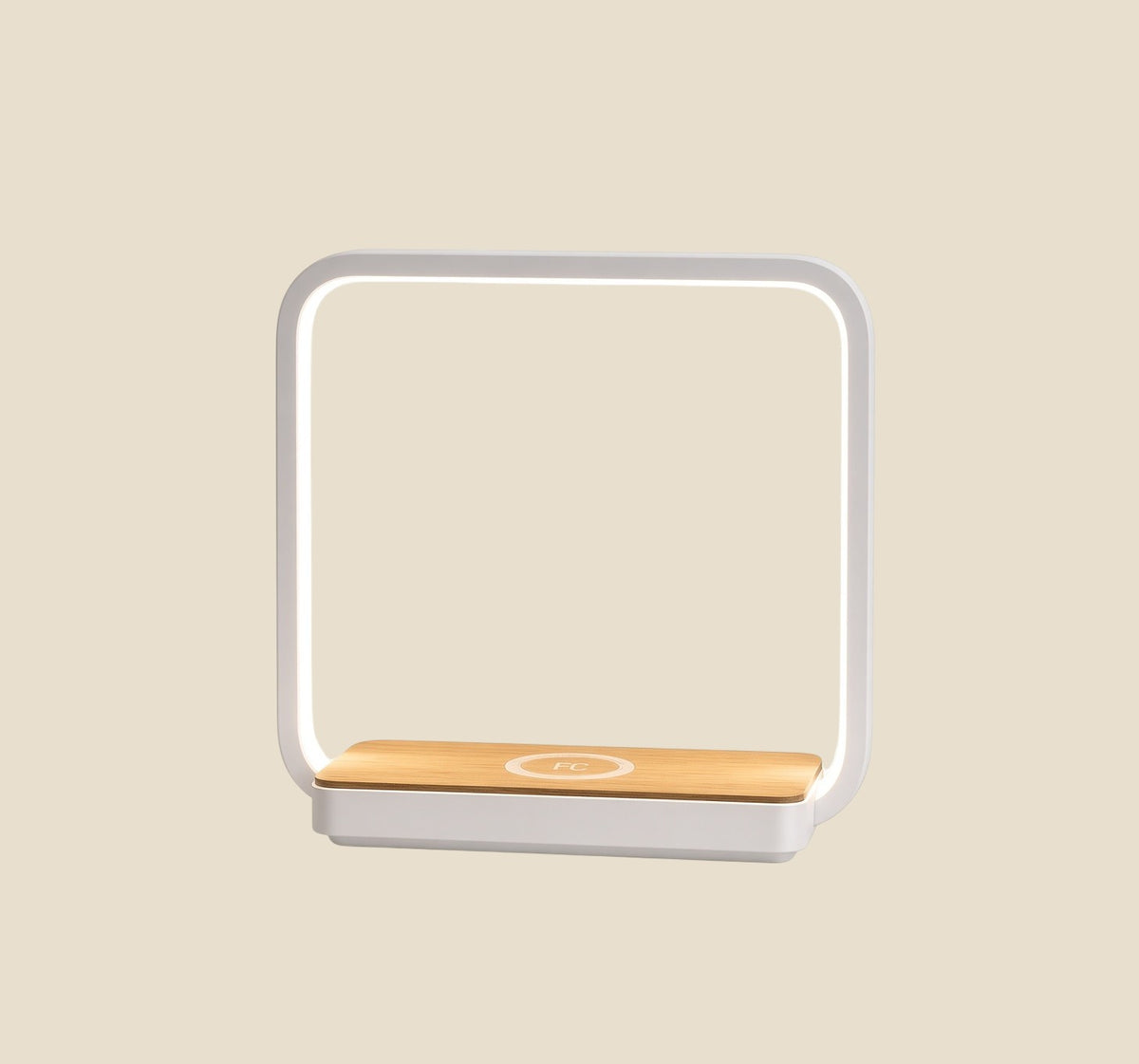 NovaPulse LED lamp with a square frame, wooden base and built-in Qi wireless charger