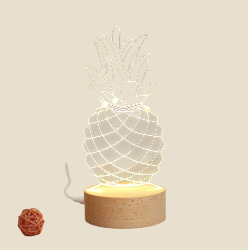 Lampka nocna NovaPulse PineGlow w kształcie ananasa z efektem 3D i ciepłym światłem LED na drewnianej podstawie