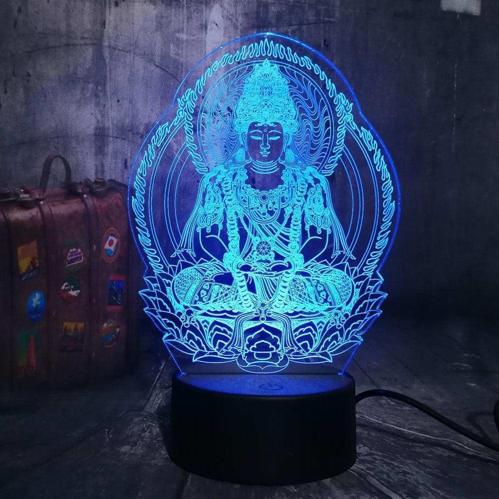 Lampa nocna NovaPulse 3D Buddha z niebieskim podświetleniem LED, idealna do medytacji i relaksu w sypialni.