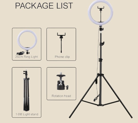 NovaPulse LumaRing set with 26 cm LED ring light, adjustable 1.6 m tripod, phone holder and adjustable head