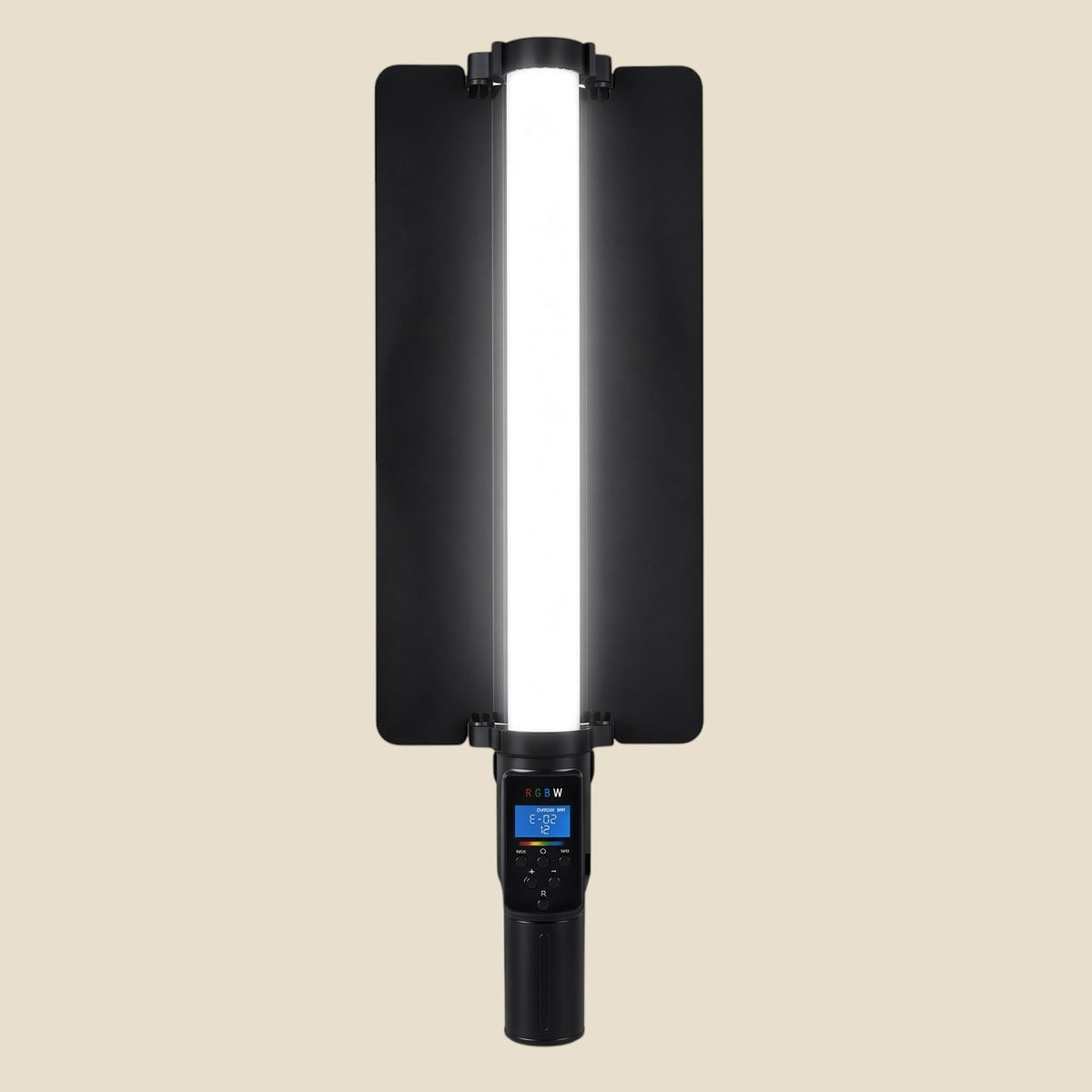 Portable NovaPulse LumaWand LED light with black barn doors, LCD display and adjustable colour temperature