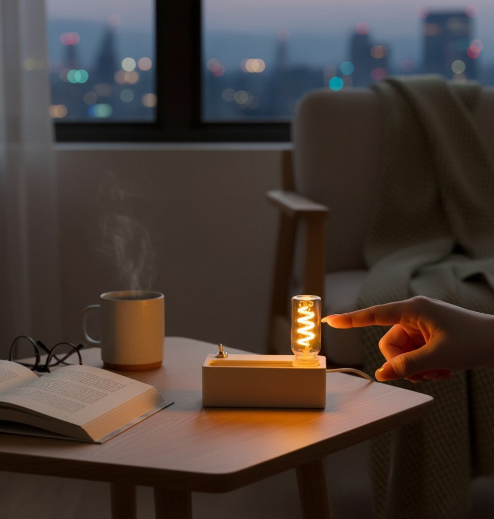 NovaPulse MagnetoGlow lampa LED z magnetycznym mechanizmem w industrialnym stylu na drewnianym stoliku nocnym