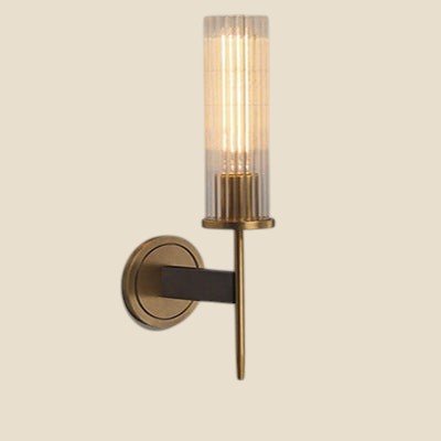 Lampa ścienna NovaPulse CopperWall z miedzianym wykończeniem i żebrowanym szklanym kloszem w stylu amerykańskim