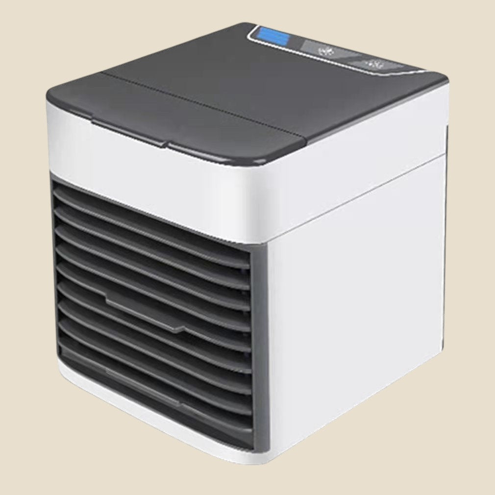 Kompaktowy mini klimatyzator biurkowy NovaPulse w kolorze biało-szarym z zasilaniem USB