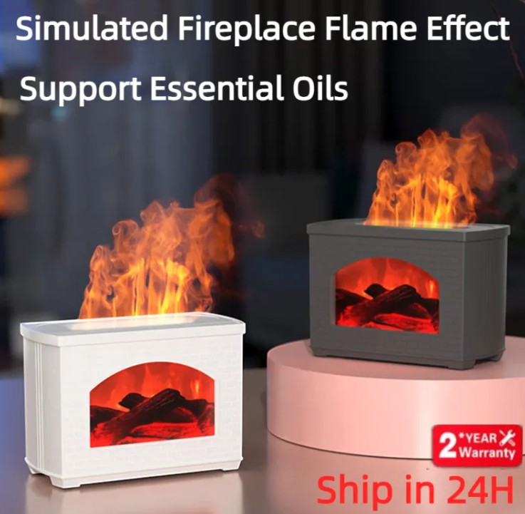Nawilżacz powietrza NovaPulse FlameMist Open z efektem płomienia i podświetlanym paleniskiem w kolorze białym i szarym
