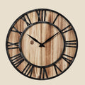 NovaPulse round European-style wall clock with wooden dial and black Roman numerals