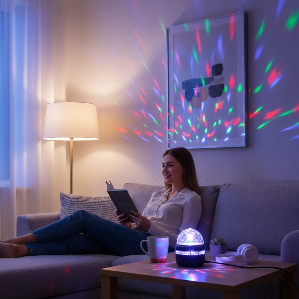 Kobieta czytająca książkę w salonie oświetlonym przez projektor gwiazd NovaPulse z kolorowymi efektami świetlnymi RGB