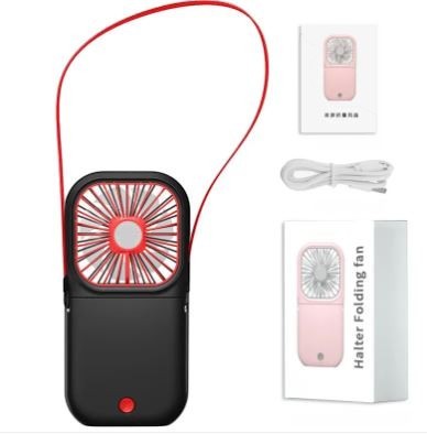 Black NovaPulse NeckBreeze Air portable neck fan with red stripe, USB cable and packaging