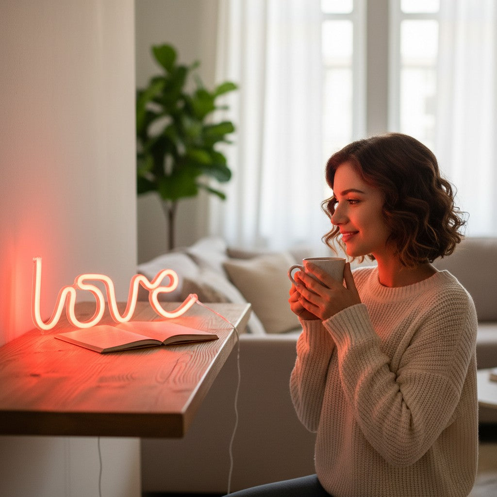 Kobieta w swetrze trzymająca kubek obok różowego neonu NovaPulse z napisem love na drewnianym blacie w salonie