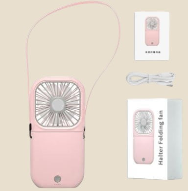 Różowy wentylator na szyję NovaPulse z kablem USB i opakowaniem, przenośny i lekki design do użytku osobistego.