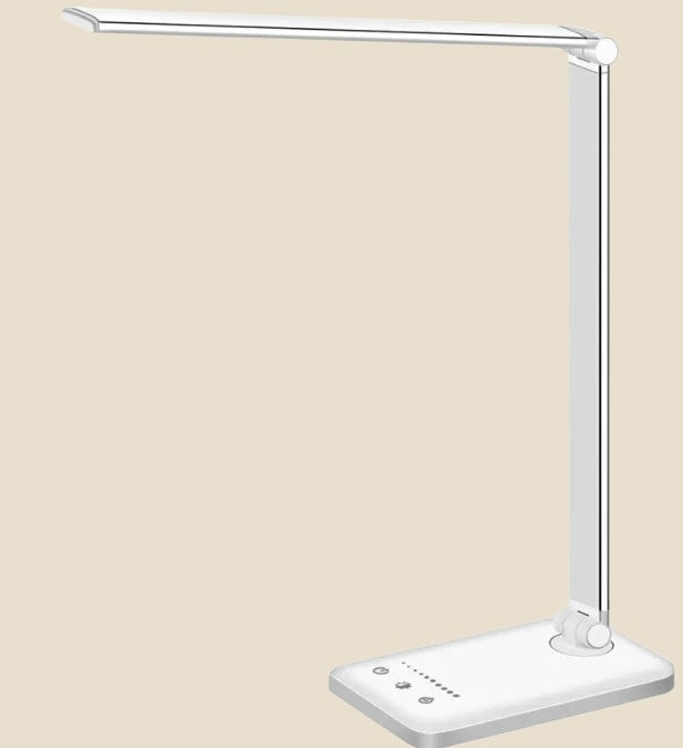 Składana lampa biurkowa LED NovaPulse w kolorze białym z wbudowaną ładowarką bezprzewodową Qi i panelem dotykowym