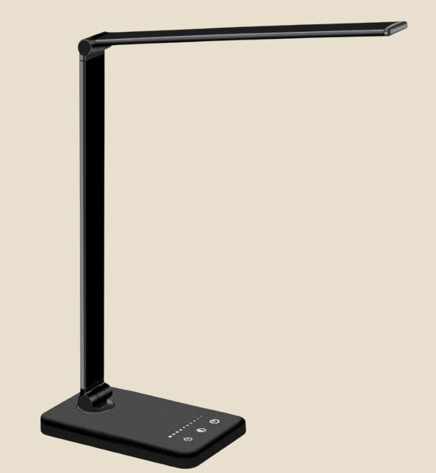 Składana lampa biurkowa LED NovaPulse w kolorze matowej czerni z wbudowaną ładowarką bezprzewodową Qi i panelem dotykowym