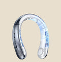 Silver NovaPulse neck fan with a digital display showing battery level and airflow
