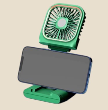 Zielony wentylator na szyję NovaPulse z wbudowanym uchwytem na telefon komórkowy, ładowany przez USB.
