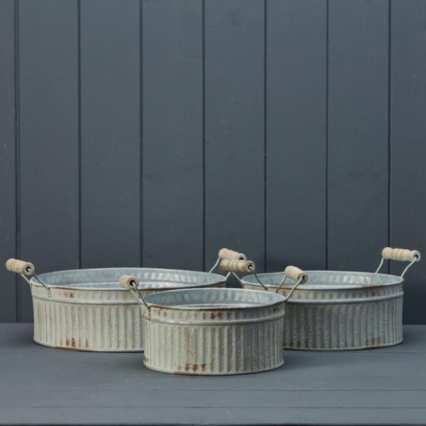 Set of Three Vintage White Ribbed Zinc Planter Bowls-1