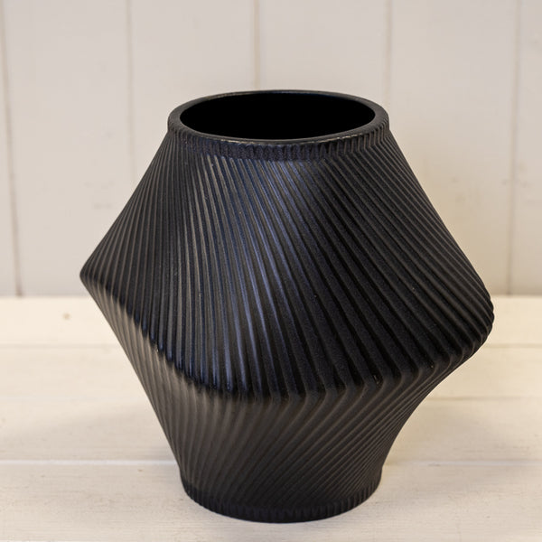 Short Graphite Sculptural Ribbed Vase.-1