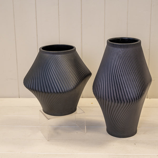 Short Graphite Sculptural Ribbed Vase.-2