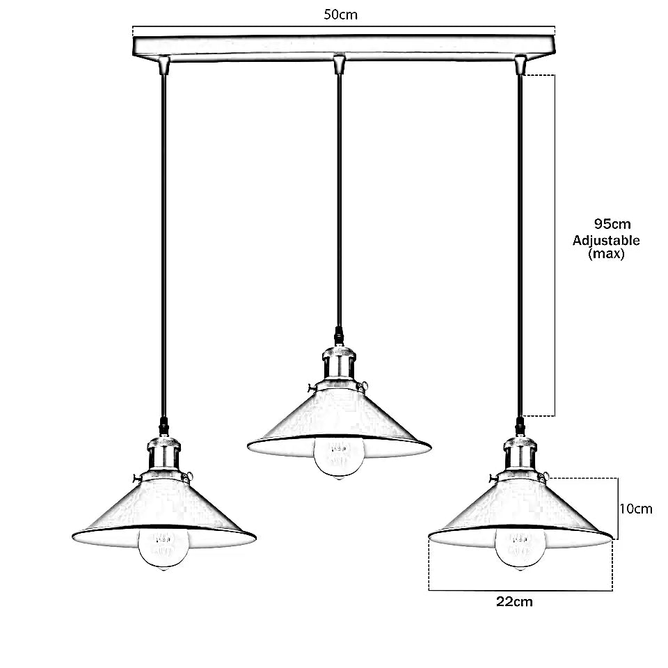 Retro 3-Way Rectangle Base Multi-Pendant Light Industrial Wide Shade~5306-1