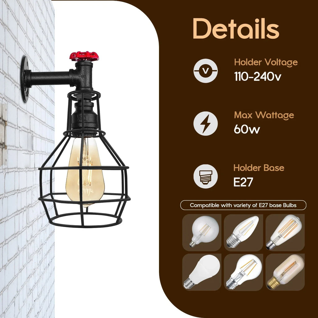 Black Industrial Pipe Cage Wall Light E27 Vintage~ 3531-2