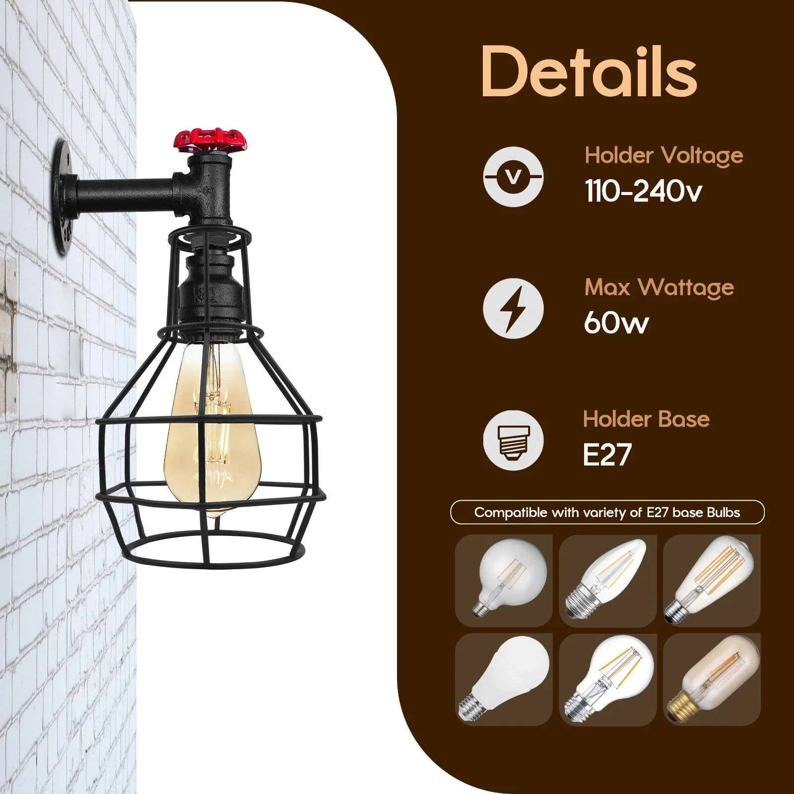 Black Industrial Pipe Cage Wall Light E27 Vintage~ 3531-2