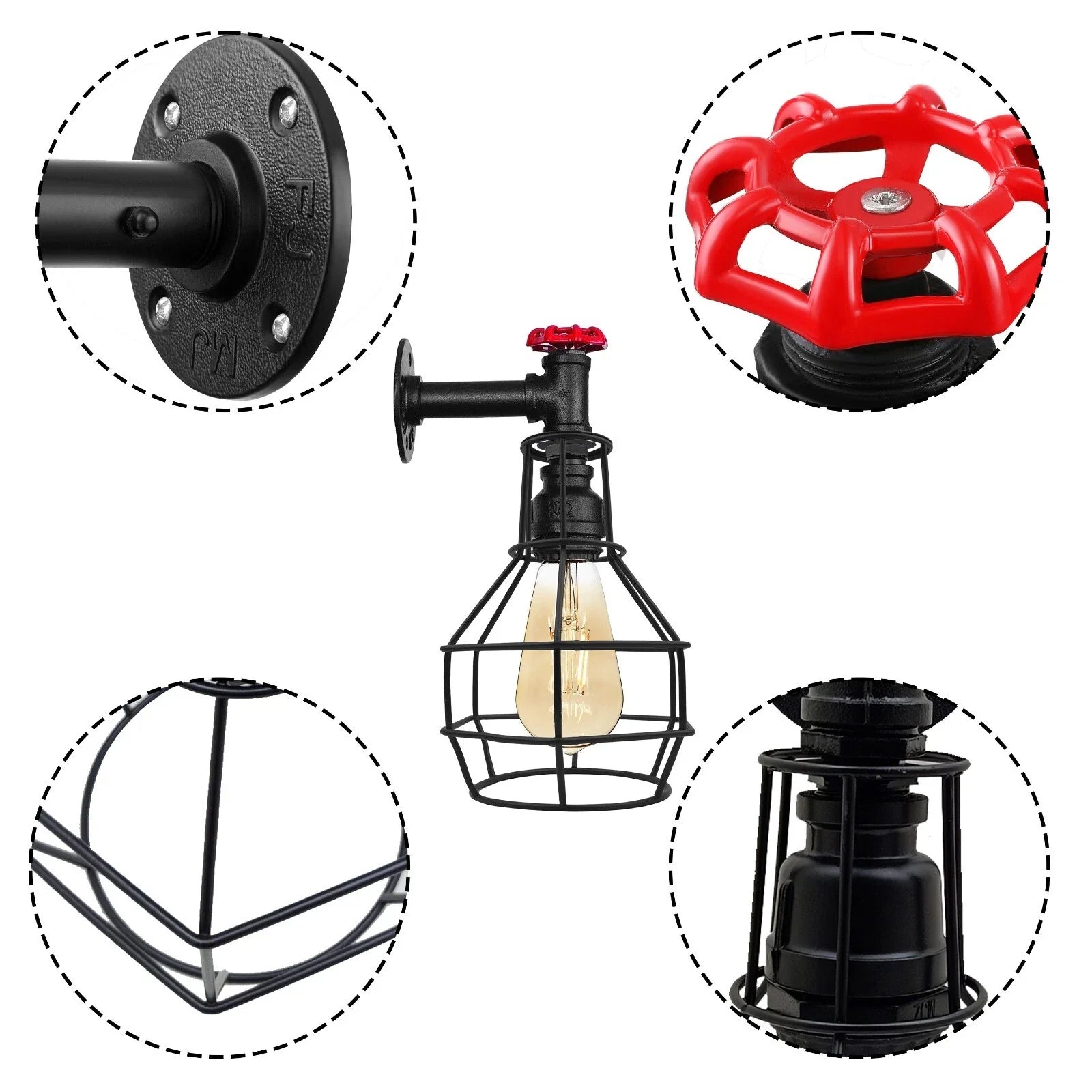 Black Industrial Pipe Cage Wall Light E27 Vintage~ 3531-3