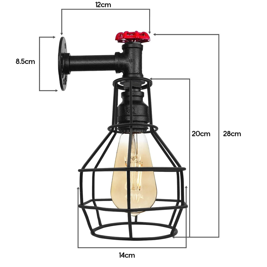 Black Industrial Pipe Cage Wall Light E27 Vintage~ 3531-1
